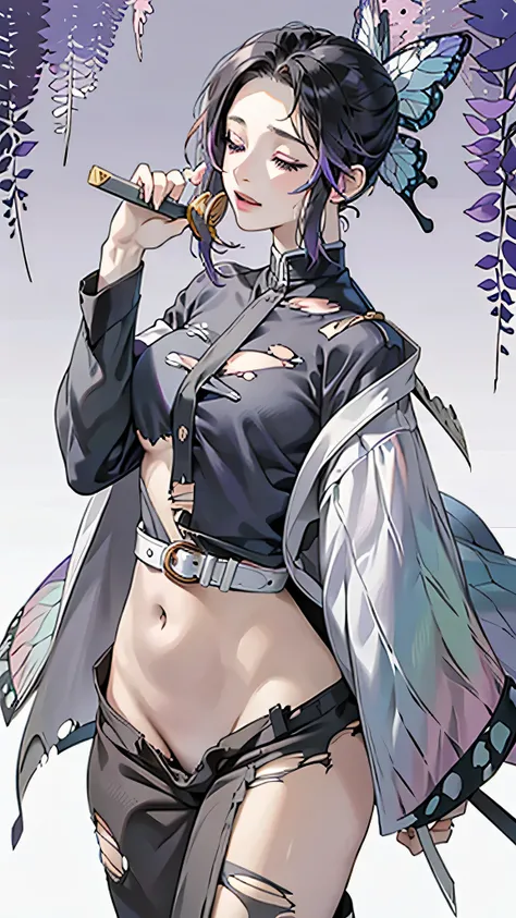 Realistic, High resolution, Soft Light,1 Female, alone, Hip Up, (Detailed face), we (one piece), tattoo, jewelry,kochou shinobu,Multicolored Hair,No bangs,Hair Intake,Purple eyes,amount,Black Shirt,Black trousers,Haori,butterfly,button,belt, knife, ((torn ...