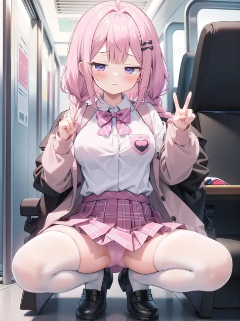 Double Peace Sign,Pink Panties,Big breasts with legs spread,High Resolution 1girl Ahoge Bobby_pin bow bowtie braid brOwn_目s collared_shirt dojikko_Temporarily stop_shirt frilled_shirt_Color Free Joint_skirt frills hair_bow hair_ornament hairpin hand_in add...