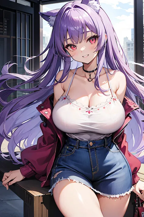 The best masterpiece、Wolf Girl, Large Breasts, Voluminous light purple hair, masterpiece , Red eyes, hd, Thick thighs, Head to Chest, buried in my chest、Double teeth、tooth、Chubby、Grinning、camisole、Big Tits、Denim Jacket、white iris、