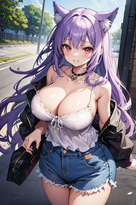 The best masterpiece、Wolf Girl, Large Breasts, Voluminous light purple hair, masterpiece , Red eyes, hd, Thick thighs, Head to Chest, buried in my chest、Double teeth、tooth、Chubby、Grinning、camisole、Big Tits、Denim Jacket、white iris、