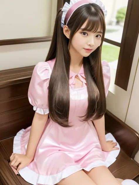 Her hair is incredibly straight..!!!!!　(Pink floor、Pink table、pink chair、Pink Wall、Pink counter、A cafe filled with pink..:1.3)　(Her hair color is pink!!!!!)　(Random Maid standing upper body shot:1.5)　　((woman in a pink and white dress and a pink hat, Maid ...