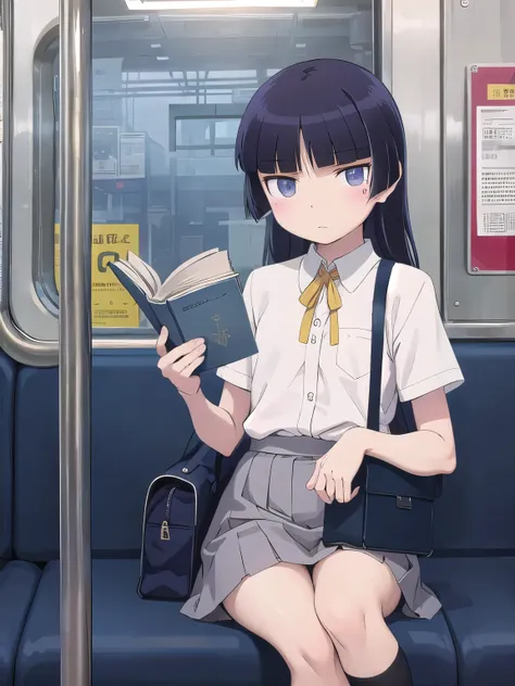 highest quality, Very detailed, 
Inside the train、station、stand by、Commuting、Sit down and read a book, Read a paperback book、Small school bag, Neat and clean appearance,
(gokou ruri), One girl,  Black socks, Short sleeve,  Grey Skirt, (Medium skirt), Box P...