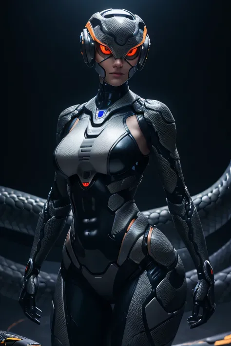 A female robot with a snake-scaled body　The wrists are shaped like mechanical snake heads.　Mechanical, scaly body　The background is a nighttime room., glowing eyes, slit pupils, UHD, retina, masterpiece, ccurate, anatomically correct, textured skin, super ...