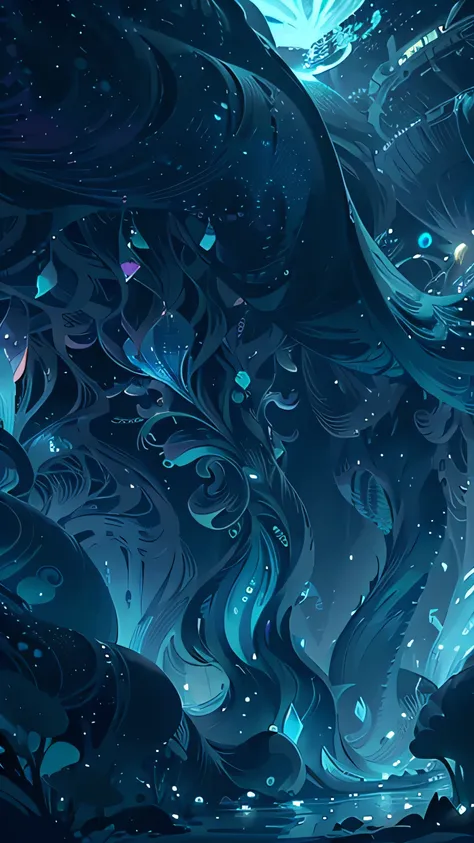 A psychedelic mermaid colony hidden in a bioluminescent space, where merfolk with iridescent tails perform mesmerizing dances amidst shimmering curtains of seaweed. neon fluor, giant mashrooms, a big blue whale flying in the sky, night sky. landscape. 