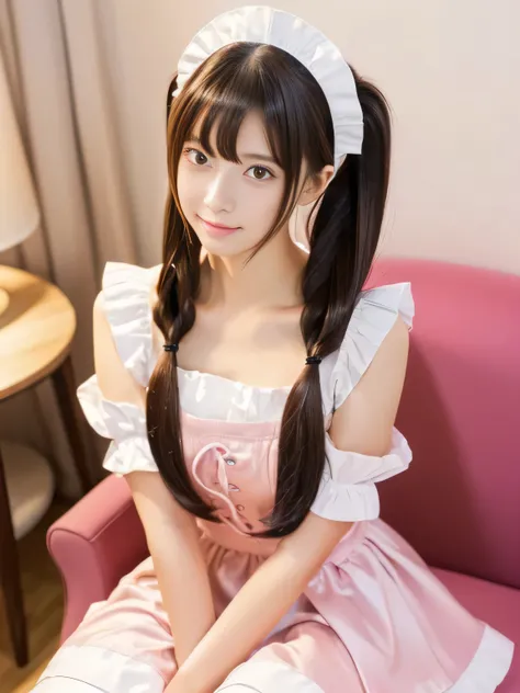 Her hair is incredibly straight..!!!!!　(Pink floor、Pink table、pink chair、Pink Wall、Pink counter、A cafe filled with pink..:1.3)　(Her hair color is pink!!!!!)　(Random Maid standing upper body shot:1.5)　　((woman in a pink and white dress and a pink hat, Maid ...