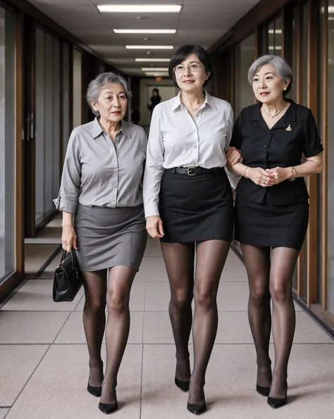 4 japanese women, mature, elderly, older, asian, wearing , nerdy, stunning proportions, grey sheer tights, best quality, nerdy o...