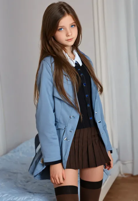 (best quality:1.2, highres, ultra-detailed), a 13-year-old beautiful girl in her room, with long brown hair, slender body, open gray jacket, black top, brown miniskirt, black stockings, barefoot, and blue eyes.