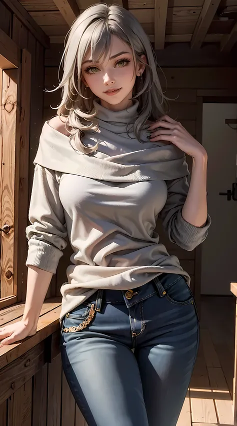 beautiful gray hair woman is shown to have a sexy figure, she is wearing a turtleneck sweater and sexy jeans, smile, ponytail , ...