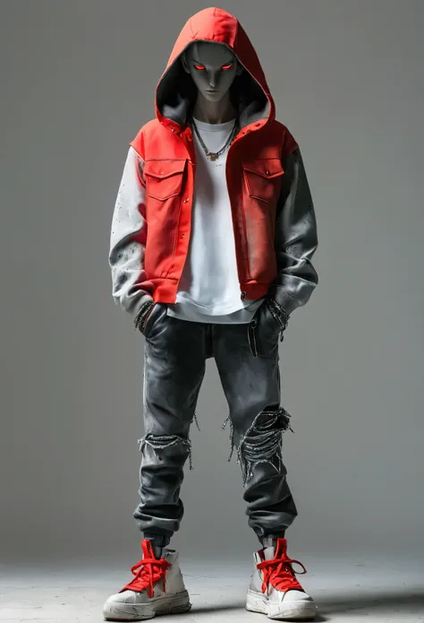 1Concrete Sculpture,bracelet,full body,gradient,hoodie,jacket,jewelry,male focus,open clothes,open jacket,pants,red eyes,shoes,sneakers,solo,standing