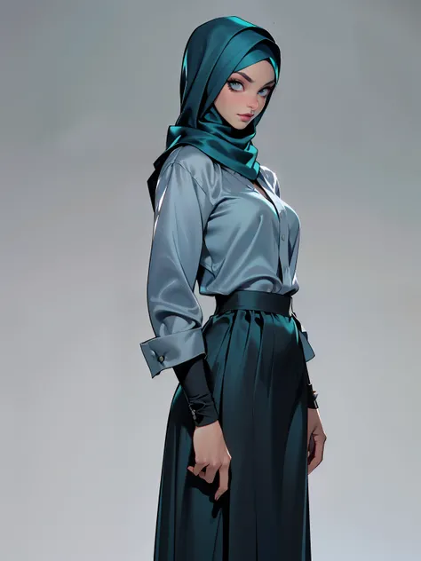 (Masterpiece, best quality) detailed, character sheet, ((a woman, beautifully makeup, eyeshadow, beautiful big eyes, long eye lashes, wearing (Teal satin hijab), ((gray satin shirt)), ((satin long maxi skirt)), photography, detailed skin, realistic, photo-...