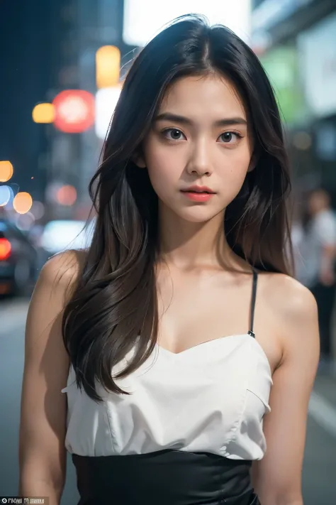 (((Wow! facial expressions and body actions unique to Americans))), alone girl, summer, city, Osaka street, evening, city lights, upper body, close-up, 8k, RAW photo, highest quality, masterpiece, real, photorealistic,