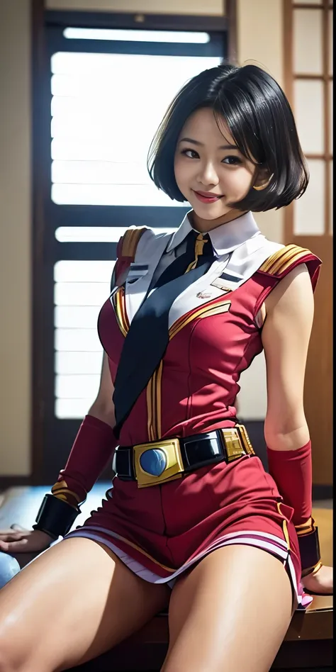 （8k、Raw photography、highest quality、masterpiece：1.2),(Black-haired、Very short hair:1.7),View Audience,Viewed from the front,erotic,(Super Sentai Series、She is wearing a red Pretty Cure costume.:1.6)、(Clothing that emphasizes the shape of your chest:1.3)、(B...