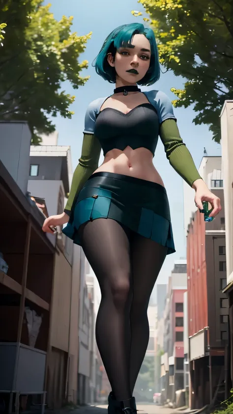masterpiece, best quality, outdoors, lens flare, depth of field, light particles, giantess, 1girl, solo, looking at viewer, breasts,  gwentd, two-tone hair, makeup, green lips, choker, crop top, long sleeves, midriff, skirt, pantyhose, forest, walking