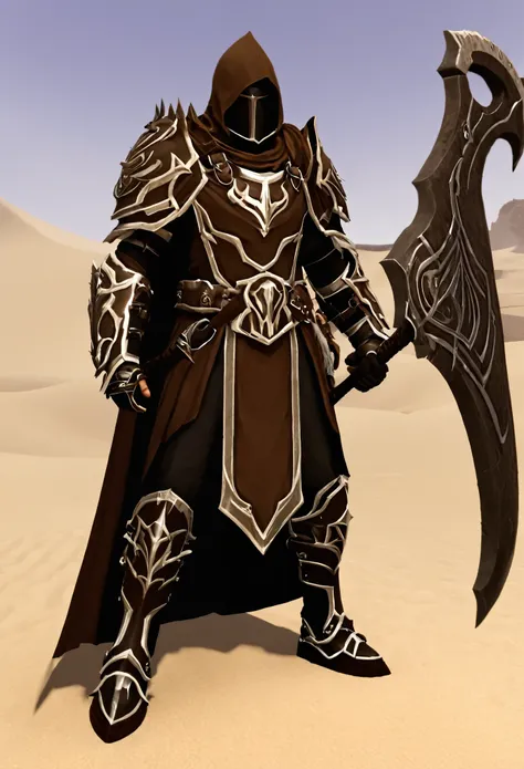 Warforge, dual great axe, chain armor, brown cloak, desert background 