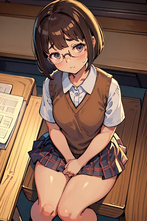 Dutch Angle Shot, Full body, very cute female , 15yo student, bob cuts, Square Frame Glasses, (Shy:1.1), (blush stickers), short sleeved shirt, Brown Sweater Vest, plaid skirts, (flat chest), ((((thick thighs)))), (thighs closeup), View from above, Sitting...