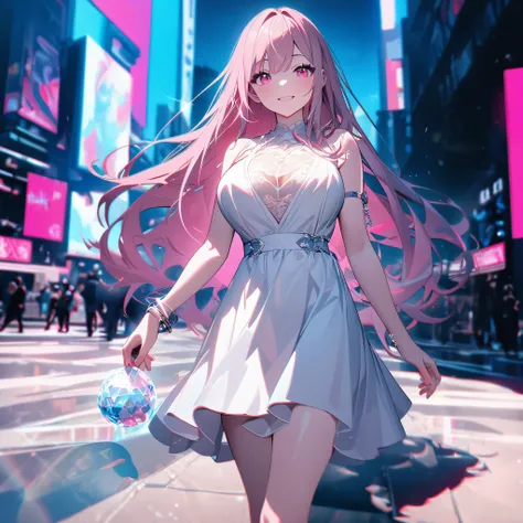 A woman wearing a long white dress, exposed leg, white heels, walking on the sidewalk of a modern city, silver bracelet on her arm, hot pink long hair with gray fringes, pink eyes, smiling, big breasts, pink nails, blurred background, holding one, drop sha...