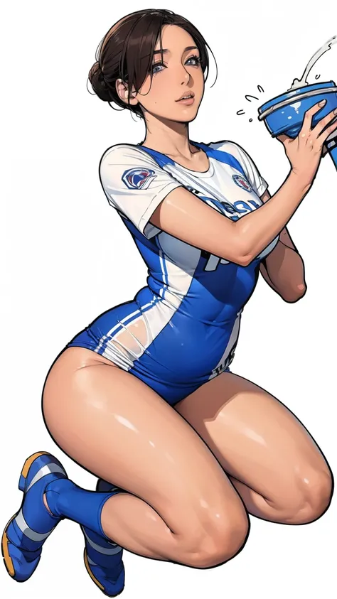 ((masterpiece)),(((best quality))),((Character Design Sheet)),((sketch)),((vulgar)),Thick thighs,1 girl,Big deal ,((Between breasts)),Cat Juice,Wearing wet sexy soccer uniform and soccer shoes,Half-lifted shirt,milking