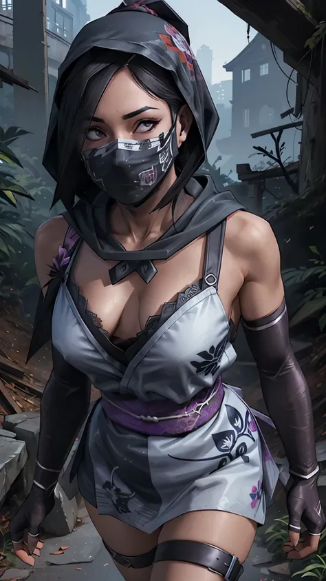 (La mejor calidad,A high resolution,Ultra - detallado,actual),Ariana Grande mosu ninja,1girl,solo,standing,cowboy shot,black hair,brown eyes,hair over one eye,eyeshadow,purple eyeshadow,breasts,small breasts,bare shoulders,mask,mouth mask,covered mouth,nin...