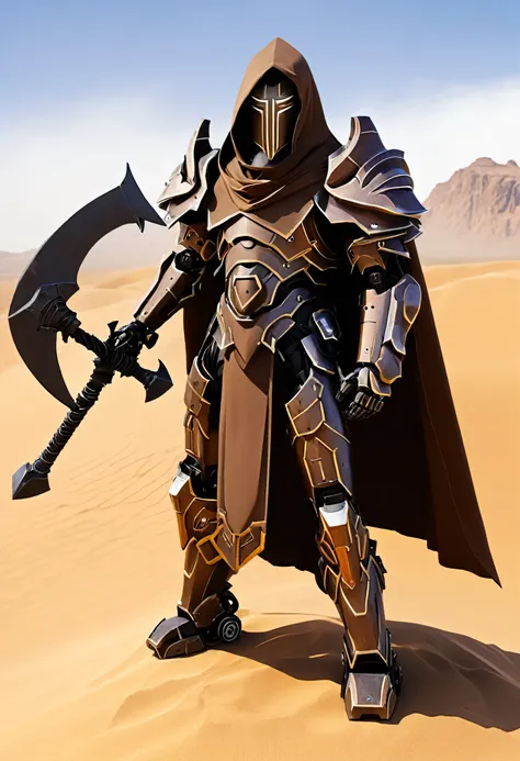 Warforge robot, brown cloak, dual great axe, desert background 