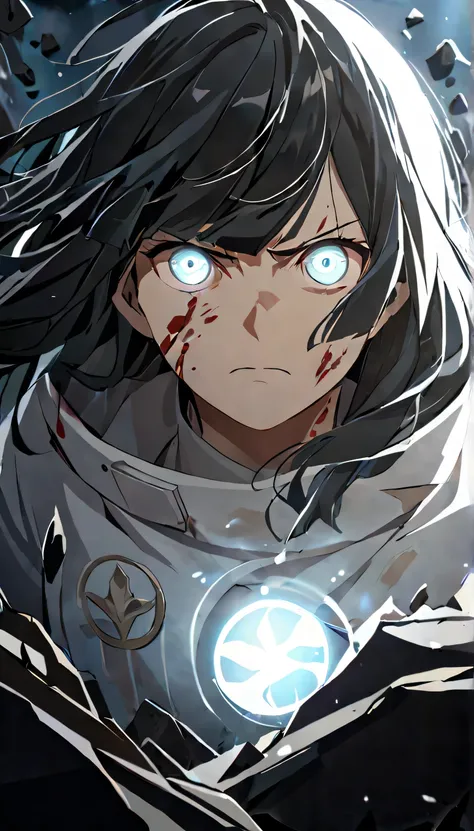 masterpiece,best quality, solo, eda, bangs, black hair, white clothes, white flowers,cloud, she is wounded, she is badly hurt , she is sad, lots of blood, there is a glowing blue light orb near her, her eyes is glowing blue, she is very confused, she sudde...