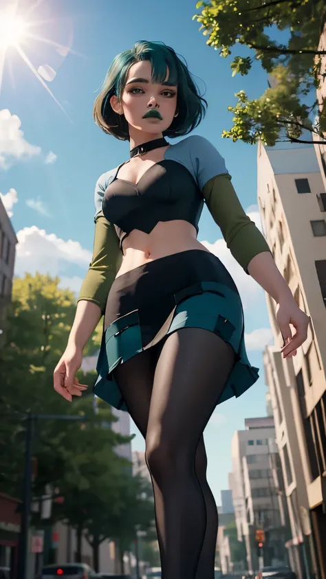 masterpiece, best quality, outdoors, lens flare, depth of field, light particles, giantess, 1girl, solo, looking at viewer, breasts,  gwentd, two-tone hair, makeup, green lips, choker, crop top, long sleeves, midriff, skirt, pantyhose, forest, walking