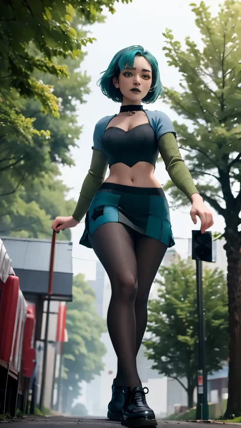 masterpiece, best quality, outdoors, lens flare, depth of field, light particles, giantess, 1girl, solo, looking at viewer, breasts,  gwentd, two-tone hair, makeup, green lips, choker, crop top, long sleeves, midriff, skirt, pantyhose, forest, walking