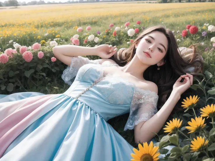 Young and caring girl with long light brown hair, ethereal lace pale-rainbow dress with silk accents, laying in a field of flowers and spring harvest as she enjoys the coming of spring in the early morning