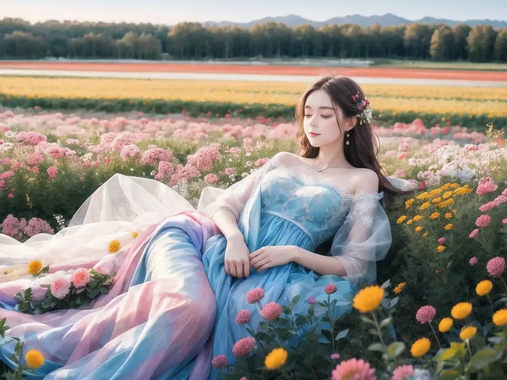 young and caring girl with long light brown hair, ethereal lace pale-rainbow dress with silk accents, laying in a field of flowe...