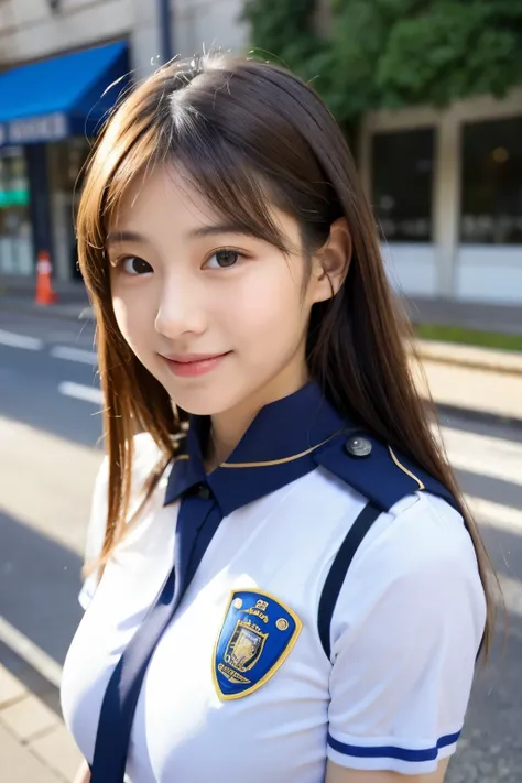 ((highest quality)), ((masterpiece)), (detailed), Perfect Face, A 20-year-old as cute as a 15-year-old idol, A kind smile, Female police officer, Police uniform, Police uniformはCleavageが見えるデザイン、Cleavage,  whole body, City Sidewalk, Genuine stick, Genuine、R...