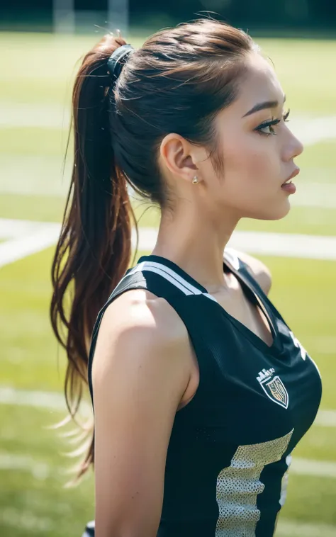 HASSELBLAD CAMERA, original photography, (real: 1.3), Twisted (Beautiful and glamorous: 1.4), Ponytail, (detail: 1.2), 8K Ultra HD, (football: 1.4), Beautiful Japanese woman, muscle