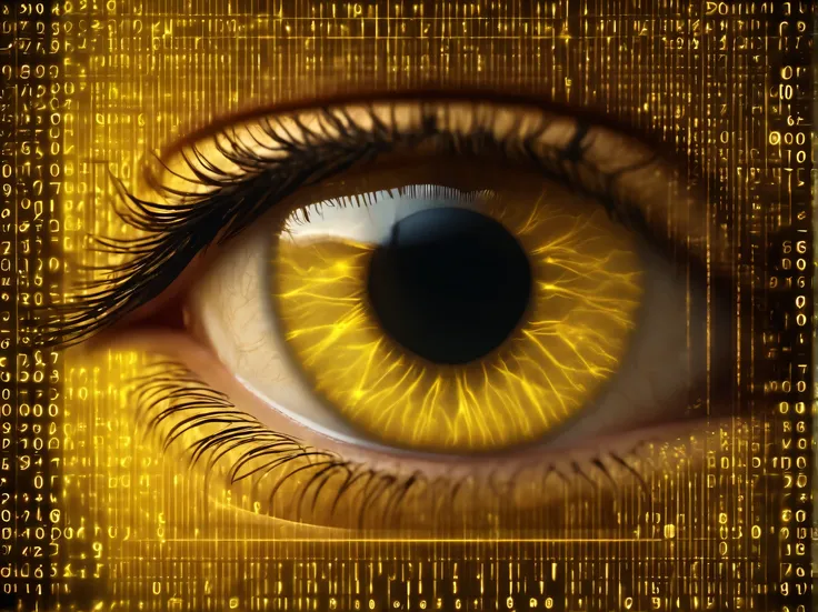 yellow digital iris rounded eye made on computer  codes cast in cyberspace surrounded by binary numbers, yellowish color image, 4k,