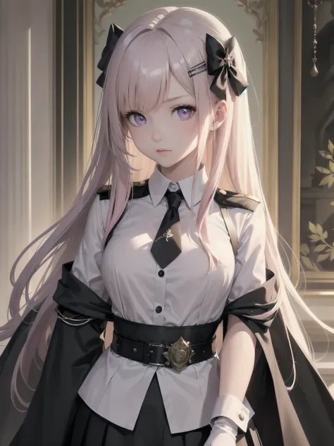 The girl wore a black German military uniform, The girl was draped in a black cloak, surreal, granblue fantasy style, extremely delicate and beautiful, upper body, looking at viewers, focus on eyes, hands behind back, grace, Perfect female body, girlan ext...