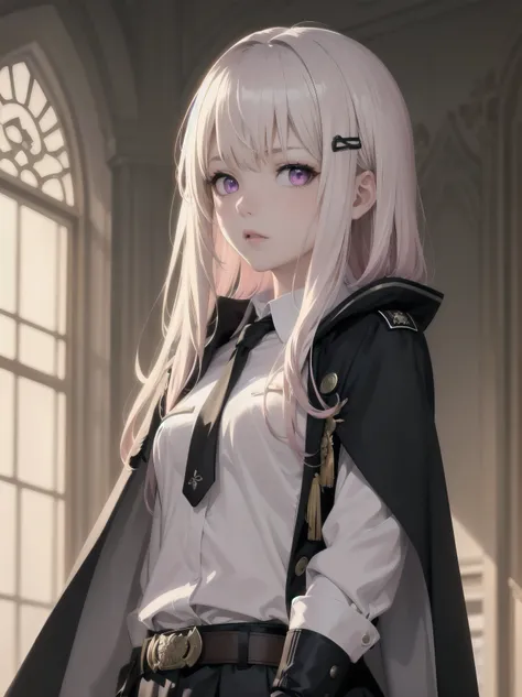 The girl wore a black German military uniform, The girl was draped in a black cloak, surreal, granblue fantasy style, extremely delicate and beautiful, upper body, looking at viewers, focus on eyes, hands behind back, grace, Perfect female body, girlan ext...