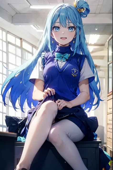 konosubaAqua, Aqua, Long Hair, blue eyes, hair ornaments, very Long Hair, Blue Hair, Hair Ring, シングルHair Ring, Hair ties,happy smile, smile, Open your mouth,
White shirt,Short sleeve,Sweater vest, (blue Sweater vest:1.5),White Thailand,black pleated skirt,...