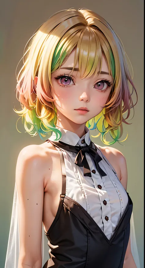 One woman, alone, alone Focus,Full Shot,Beaver,Half water color, Half Green, ((Brown Hair)), (Yellow Hair), (Gradient Hair :1.5), Curly Hair, ((Pink Eyes)), Ultra-detailed eyes, work, White see-through, (Small TI quality, Very detailed,Full Shot