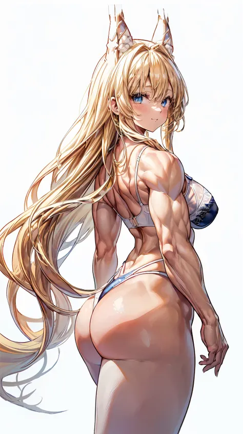 Very detailed、highest quality、Best image quality、masterpiece、8k、Anime Face、A kind smile、(Open your mouth:1.3)、Sparkling blue eyes、(Blonde semi-long hair:1.5)、(Muscles of the whole body:1.3)、(highleg:2.0)、(Thong:1.5)、Thigh belt、(Cowboy Shot:1.5)、(SFW Giant)...