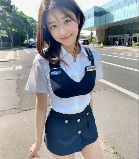 ((highest quality)), ((masterpiece)), (detailed), Perfect Face, A 20-year-old girl as cute as a 16-year-old idol, A kind smile, Very cute、Young face、Female police officer, Police uniform, Police uniformはCleavageが見えるデザイン、Cleavageがはっきり見える、mini skirt、Cleavage...