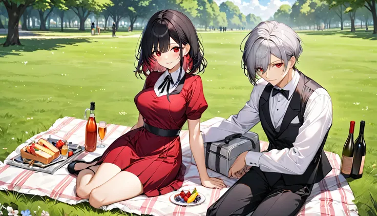 ((picnic style)) (in the open Grass Park), (1 boy and 1 girl, enjoy picnic, sit down on sheet), (boy is silver short hair red eyes, in a butler uniform), (girl is black long hair red eyes, in a red dress, bif tits), BREAK, perfect anatomy, masterpiece, bes...