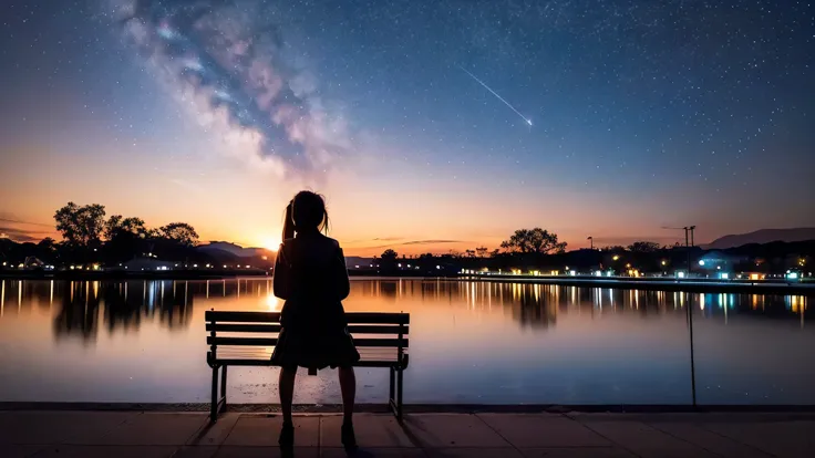 Photo of a girl sitting on a park bench (Camera from behind), Offers a spectacular view of the night sky (The girl is a silhouette that adds color to the landscape)