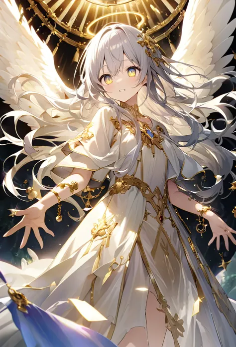 The angel is depicted with a pale and Shineing cot has heterochromatic eyes.、Its skin seems to radiate an otherworldly Shine。he、Symbol of divinity、Decorated with a pair of shining fair wings。This scene is really amazing.、它捕捉了這些天體的美麗和mystery。Angelic、pale、Sh...