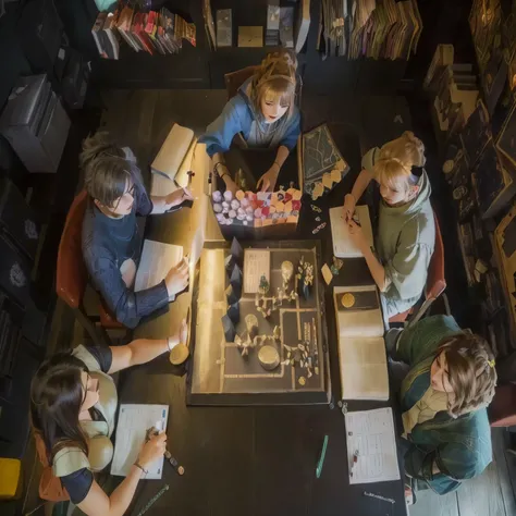 several people sitting around a table playing a board game, rpg de mesa, jogos de mesa, jogando dnd, lawther sit at table jogand...