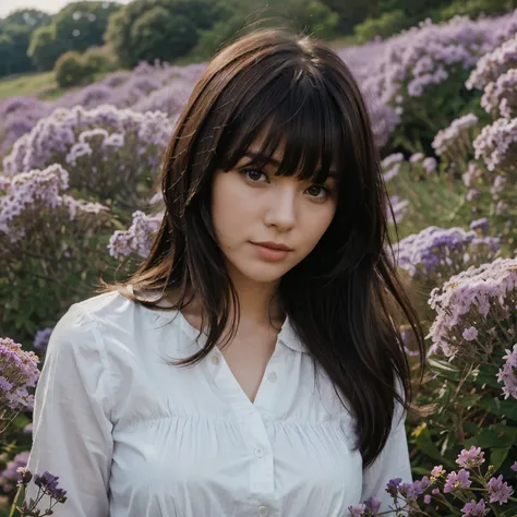 A woman with medium hair with bangs over her eyes in a landscape with purple flowers