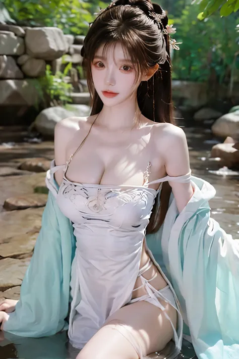 Beautiful woman with perfect body：1.4，Layered Hairstyle，Prominent cleavage，Highly detailed face and skin textures，Double eyelids，Skin Whitening，Long hair，Whitened long legs，（Black low-cut Hanfu）Stand by the river