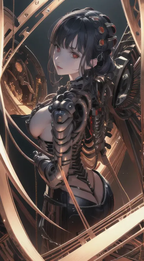 (((masterpiece))), ((highest quality)), (Super Detail), (CG illustration), (So evil and beautiful)), Cinematic Light, ((1. Mechanical Girl)), single, (Mechanical Arts: 1.4), ((Mechanical Limbs)), (Blood vessel attached to a tube), ((Mechanical spine attach...