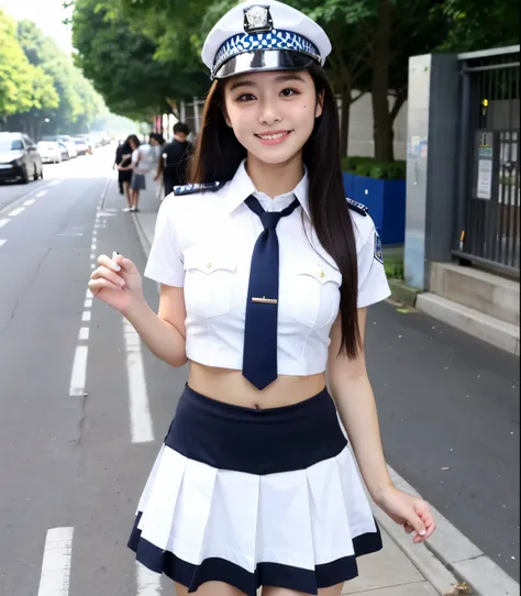 ((highest quality)), ((masterpiece)), (detailed), Perfect Face, A 20-year-old girl who is as cute as an idol, A kind smile, Very cute、Female police officer, Police uniform, Bra showing from under her uniform、mini skirt、Cleavage,  whole body, whole body像、Ci...