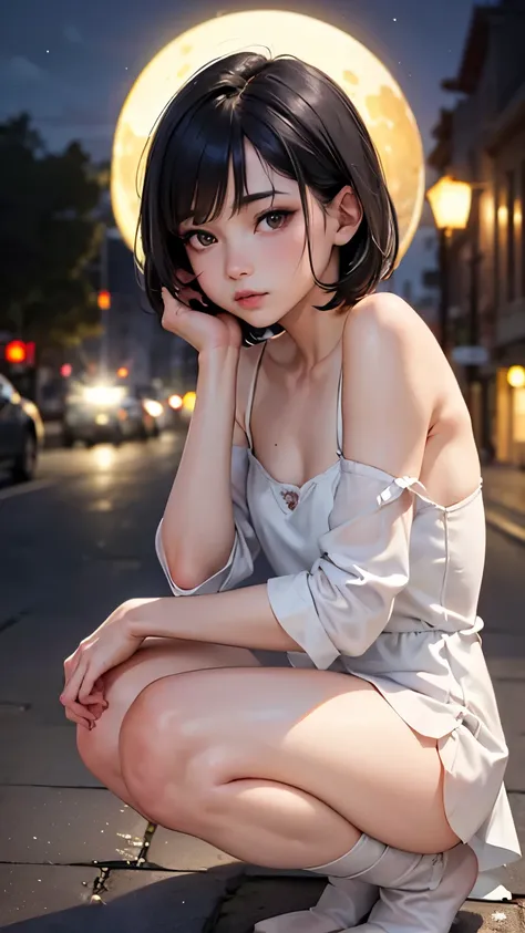 (,Street lamp,moon),masterpiece, One woman, Solo Exhibitions, Beautiful woman with small breasts,Beautiful Goddess Portrait, Beautiful and elaborate face, Porcelain-like skin, (((Full Shot,center, night, Black Hair, short hair)), Very soft lighting, Symmet...