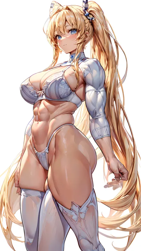 Very detailed、highest quality、Best image quality、masterpiece、8k、Anime Face、A kind smile、(Open your mouth:1.3)、Sparkling blue eyes、(Blonde semi-long hair:1.5)、(Muscles of the whole body:1.3)、(highleg:2.0)、(Thong:1.5)、Thigh belt、(Cowboy Shot:1.5)、(SFW Giant)...