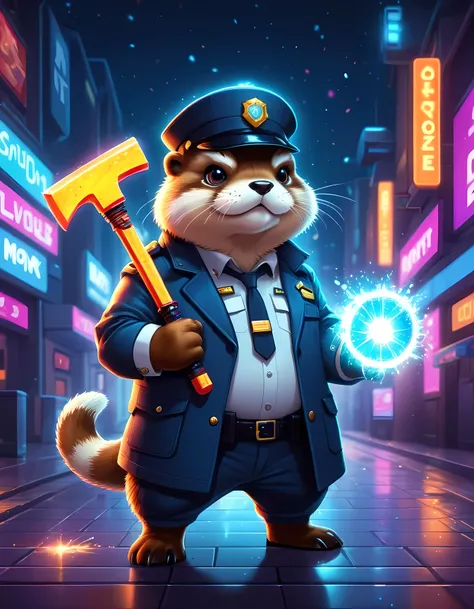 Bright epic professional cute cartoon pixel illustration, (masterpiece in maximum 16K resolution, superb quality, ultra detailed:1.3), close-up of a cyberpunk neon fat otter angry inspector holding a (glowing electric axe with both hands), sharp stylish lo...