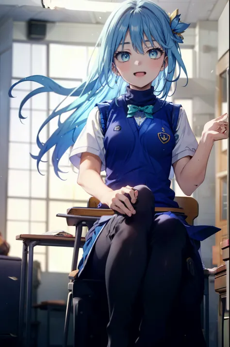 konosubaAqua, Aqua, Long Hair, blue eyes, hair ornaments, very Long Hair, Blue Hair, Hair Ring, シングルHair Ring, Hair ties,happy smile, smile, Open your mouth,
White shirt,Short sleeve,Sweater vest, (blue Sweater vest:1.5),black pleated skirt,Black pantyhose...
