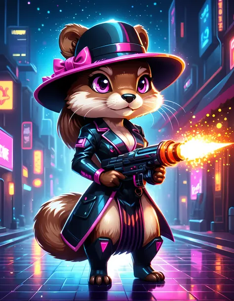 Bright epic professional cute cartoon pixel illustration, (masterpiece in maximum 16K resolution, superb quality, ultra detailed:1.3), close-up of a cyberpunk neon sleek otter lady holding a (flamethrower with sharp features), sharp stylish high slit dress...